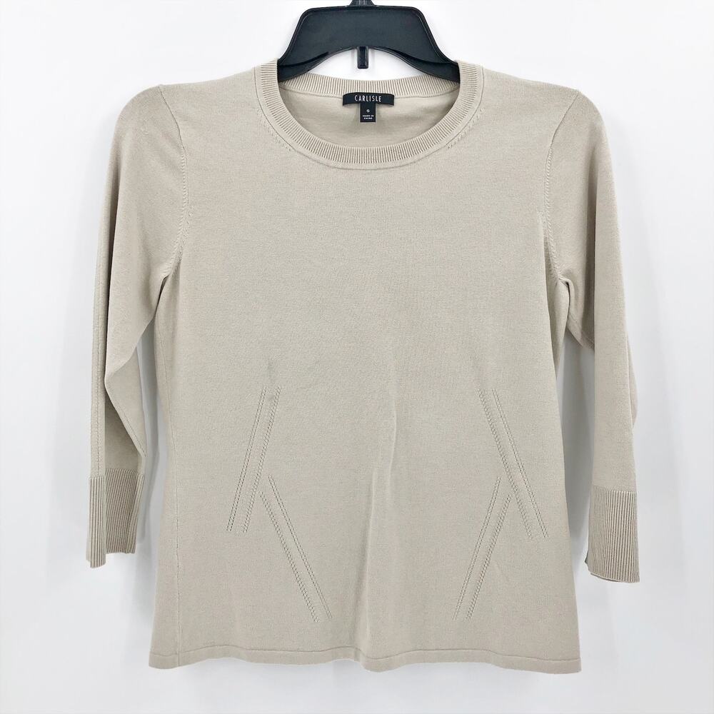 Carlisle Sweater Womens Small Cream Silk Blend Crew Neck Ribbed Trim Pullover